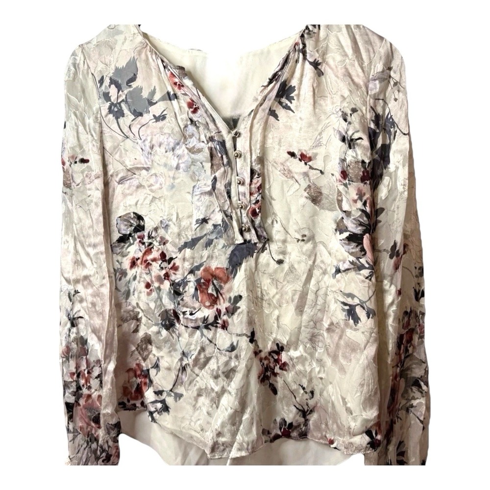 White House Black Market Size 0 Cream Floral V-Neck Blouse Women's Long Sleeve